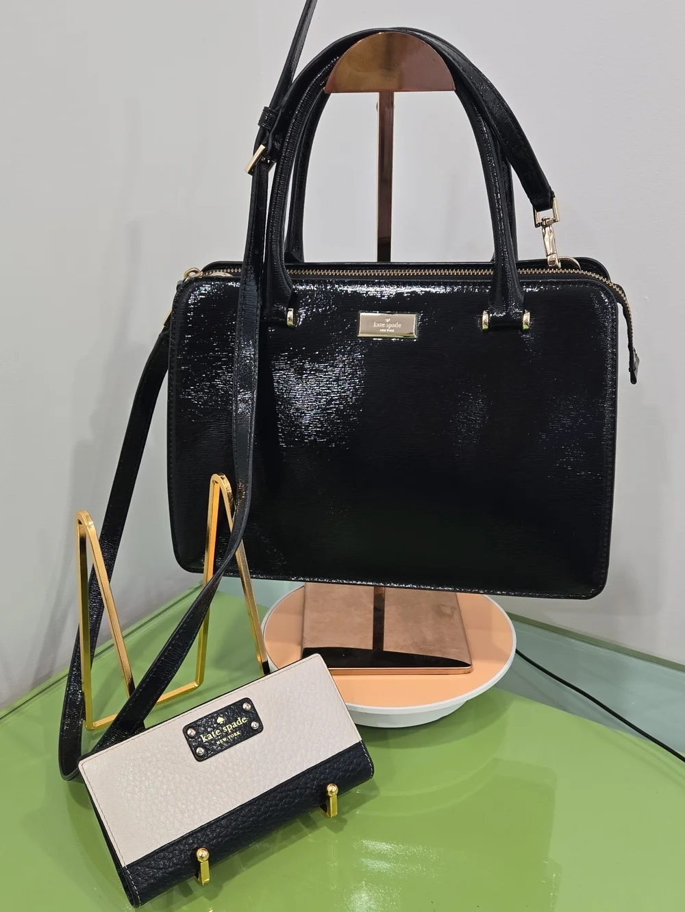 Kate Spade Bixby Place Black Patent Satchel with Gold Hardware and Wallet
